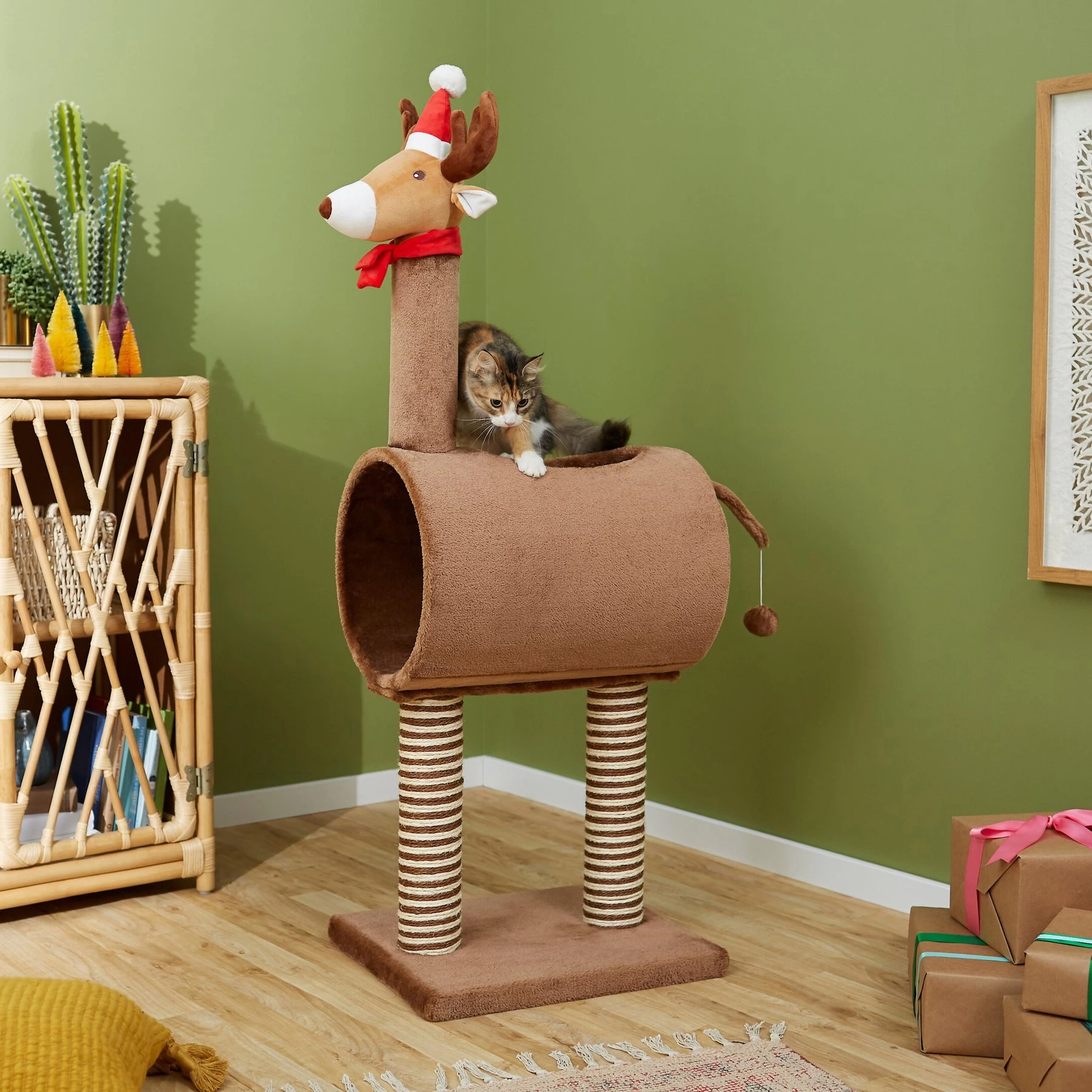 Frisco Holiday 52.3-in Reindeer Cat Scratching Post & Tunnel 1 Frisco Holiday 52.3-in Reindeer Cat Scratching Post & Tunnel