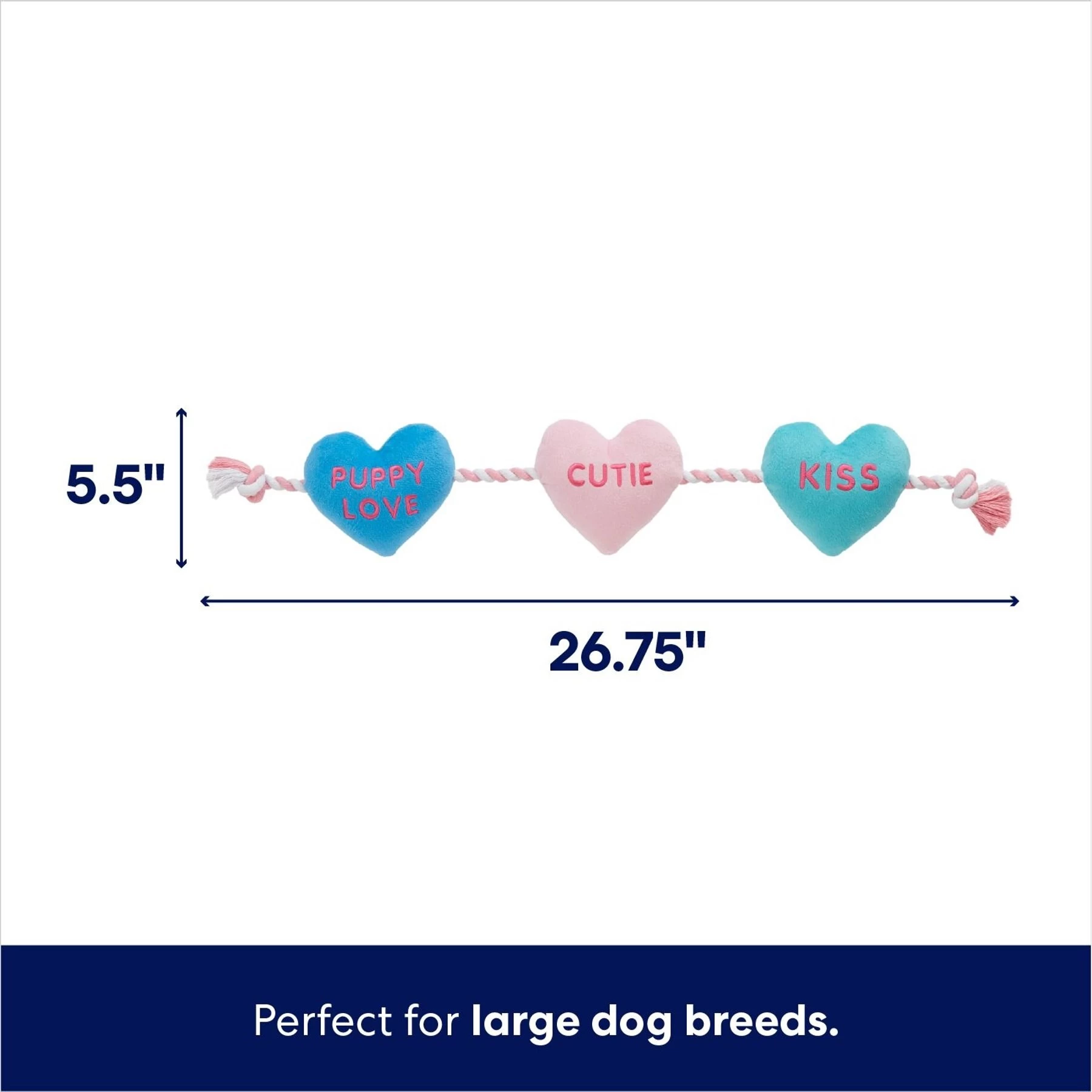 Frisco Valentine Candy Hearts Plush With Rope Squeaky Dog Toy 2 Frisco Valentine Candy Hearts Plush With Rope Squeaky Dog Toy - Image 2