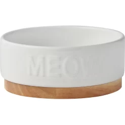 Frisco Round Meow Non-skid Ceramic Cat Bowl With Wood Base