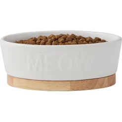 Frisco Oval Meow Non-skid Ceramic Cat Bowl With Wood Base -Frisco Shop 256080 PT3. AC SS1800 V1615312053