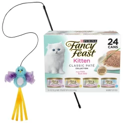 Fancy Feast Tender Feast Variety Pack Canned Kitten Food & Frisco Bird With Feathers Teaser Wand Cat Toy With Catnip