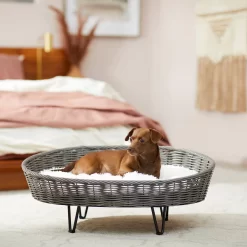 Frisco Shop 9 Frisco Elevated Rectangle Wicker Dog & Cat Bed With Eyelash Faux Fur Cushion