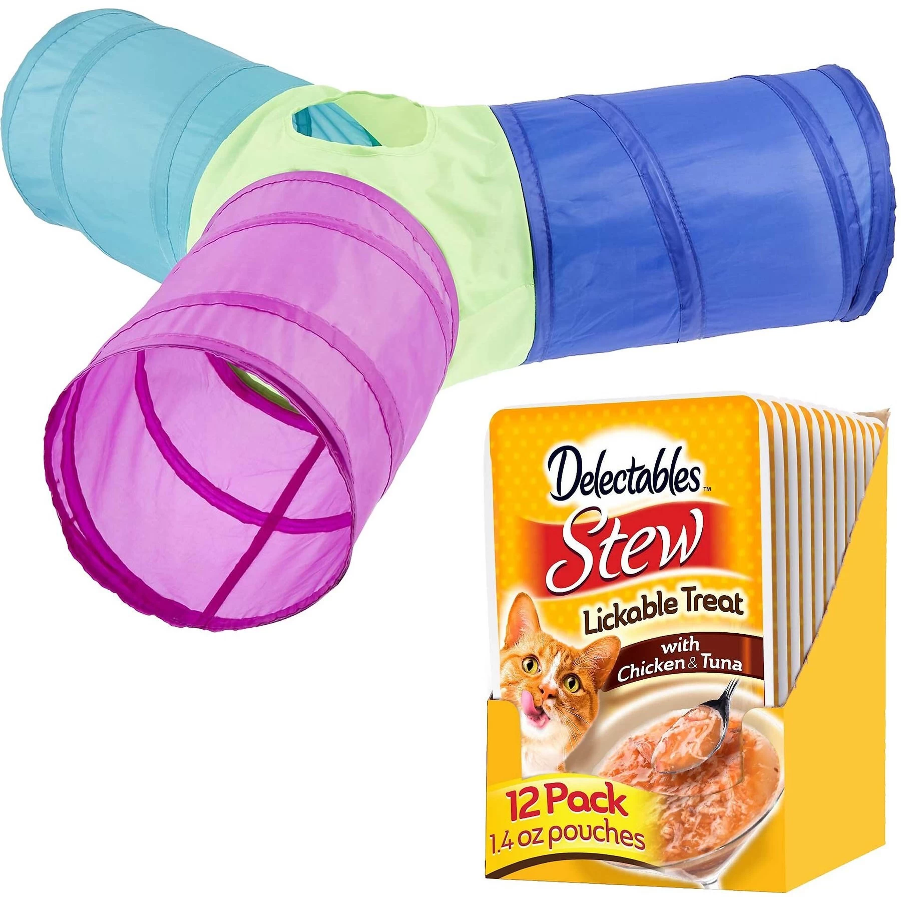 Hartz Delectables Stew Chicken & Tuna Lickable Cat Treat & Frisco Foldable Play Tri-Tunnel Cat Toy 1 Hartz Delectables Stew Chicken & Tuna Lickable Cat Treat & Frisco Foldable Play Tri-Tunnel Cat Toy