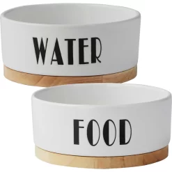 Frisco Ceramic Water Dog & Cat Bowl With Wood Base & Frisco Ceramic Food Dog & Cat Bowl With Wood Base