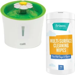Catit Flower Plastic Cat Fountain & Frisco Pet Toy & Bowl Cleaning Wipes, 70 Count