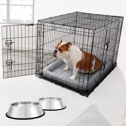 Frisco Fold & Carry Double Door Collapsible Wire Dog Crate & Mat Kit & Frisco Stainless Steel Bowl