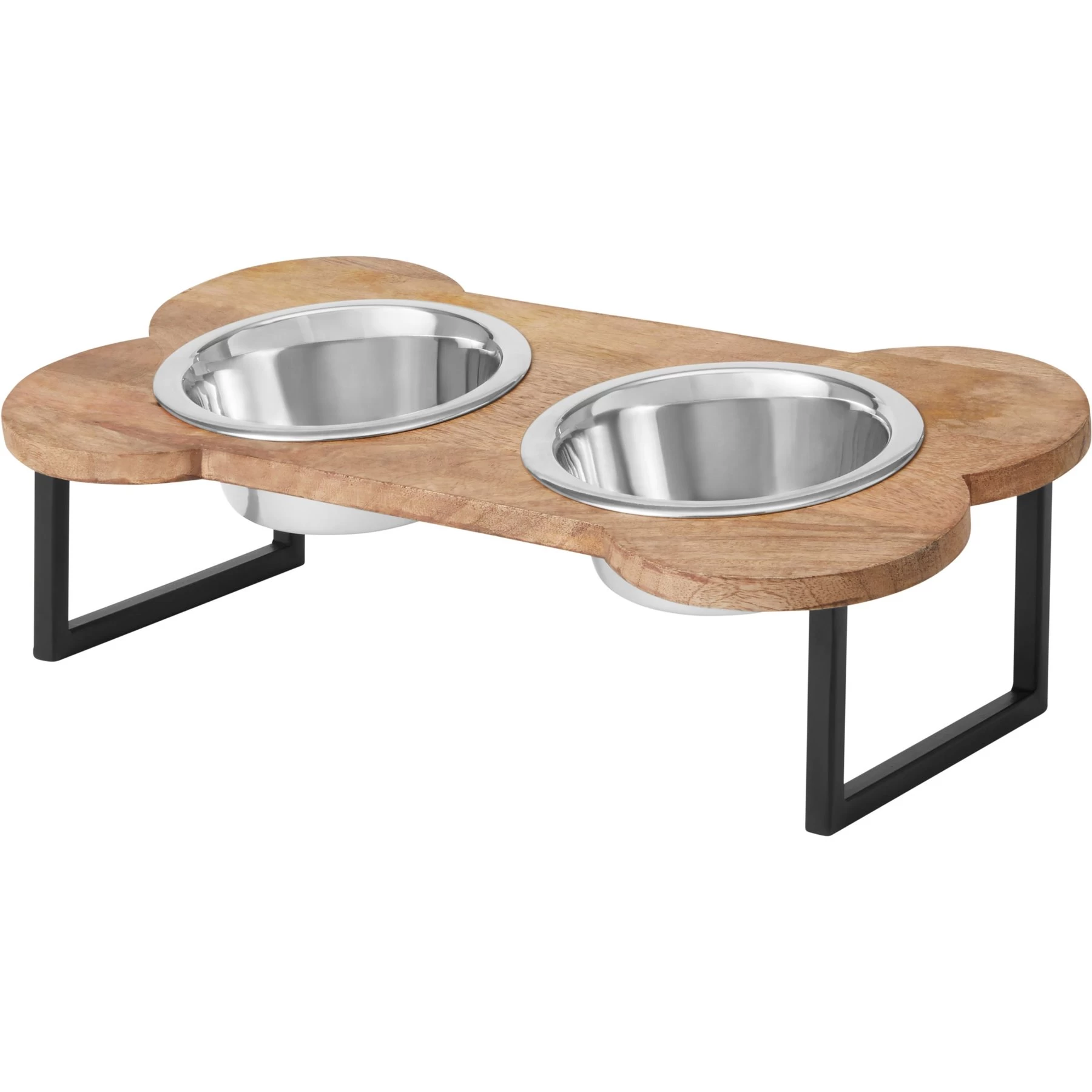 Frisco Premium Wood Elevated Bone Shape Stainless Steel Double Diner Dog & Cat Bowl, 3 Cup 1 Frisco Premium Wood Elevated Bone Shape Stainless Steel Double Diner Dog & Cat Bowl, 3 Cup
