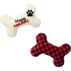 Frisco Holiday "Happy Pawlidays" Bone Plush Squeaky Dog Toy, Medium, 2 Count