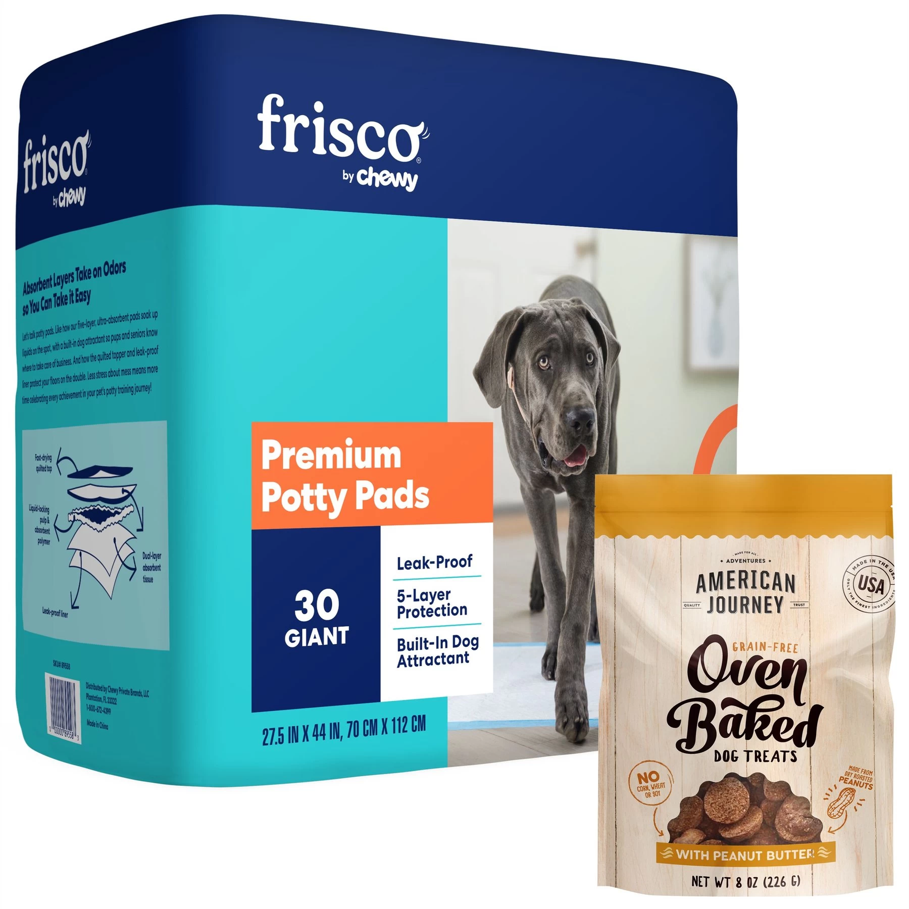 Frisco Premium Giant Dog Training & Potty Pads & American Journey Peanut Butter Recipe Grain-Free Oven Baked Crunchy Biscuit Dog Treats 1 Frisco Premium Giant Dog Training & Potty Pads & American Journey Peanut Butter Recipe Grain-Free Oven Baked Crunchy Biscuit Dog Treats