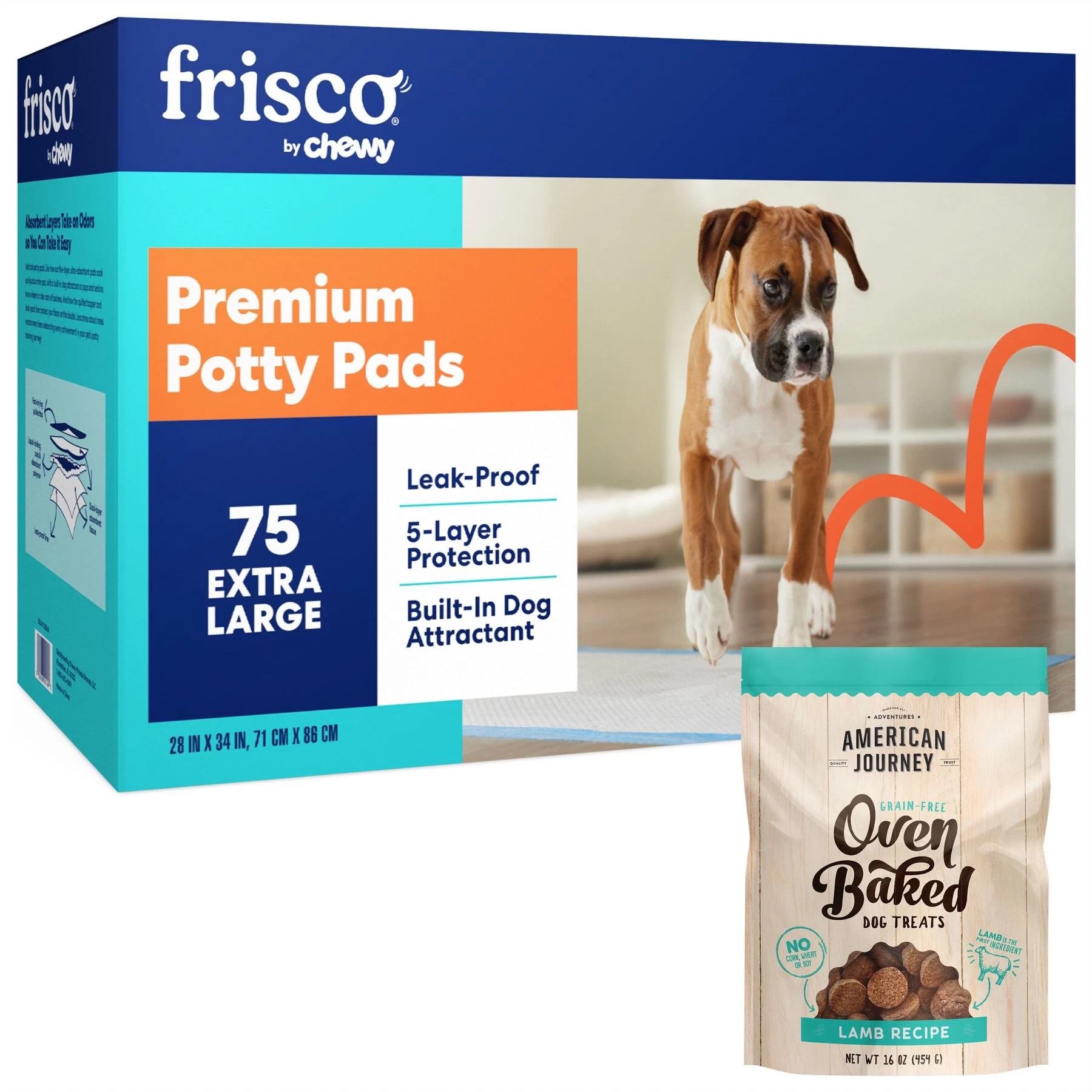 Frisco Premium Extra Large Dog Training & Potty Pads & American Journey Lamb Recipe Grain-Free Oven Baked Crunchy Biscuit Dog Treats 1 Frisco Premium Extra Large Dog Training & Potty Pads & American Journey Lamb Recipe Grain-Free Oven Baked Crunchy Biscuit Dog Treats