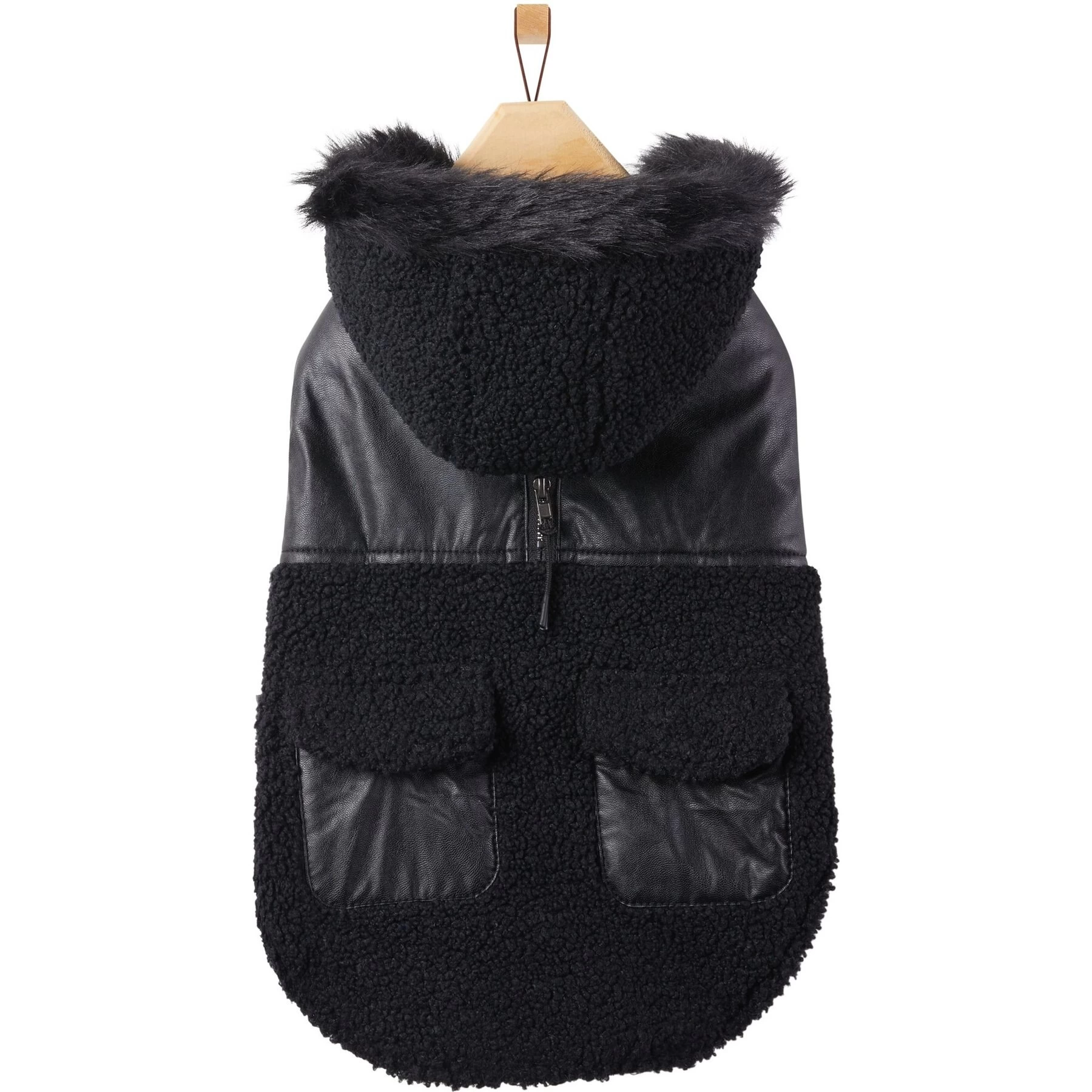 Frisco Medium Weight Faux Leather Dog & Cat Parka With Faux Fur Trimmed Hood, Black 4 Frisco Medium Weight Faux Leather Dog & Cat Parka With Faux Fur Trimmed Hood, Black - Image 4