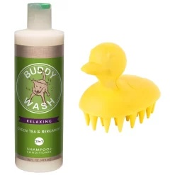 Buddy Wash Relaxing Green Tea & Bergamot Dog Shampoo & Conditioner & Frisco Rubber Duckie Dog & Cat Curry Brush