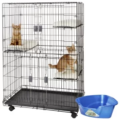 Frisco Collapsible Wire Cat Cage Playpen & Van Ness High Side Corner Cat Litter Pan, Blue