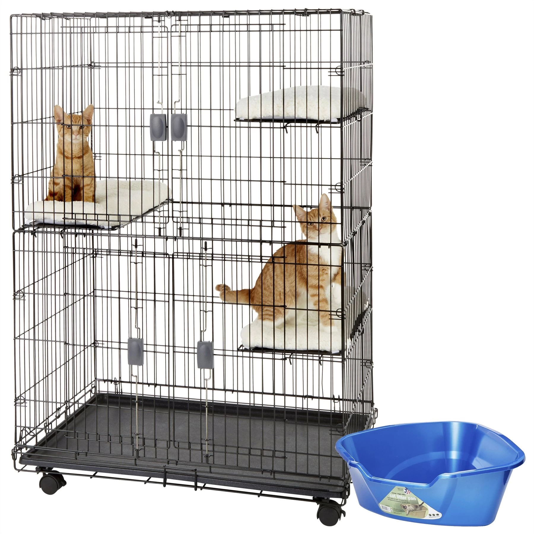 Frisco Collapsible Wire Cat Cage Playpen & Van Ness High Side Corner Cat Litter Pan, Blue 1 Frisco Collapsible Wire Cat Cage Playpen & Van Ness High Side Corner Cat Litter Pan, Blue