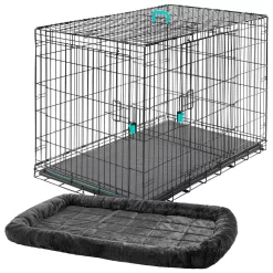 Frisco Heavy Duty Enhanced Lock Double Door Fold & Carry Wire Dog Crate & Mat Kit & MidWest Quiet Time Fleece Dog Crate Mat