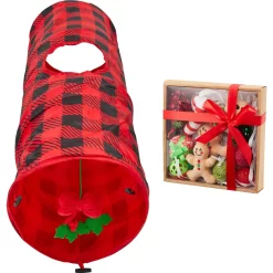 Frisco Holiday Buffalo Plaid Foldable Play Tunnel Cat Toy With Catnip & Frisco Holiday Festive Red Variety Pack Gift Box Cat Toy With Catnip, 14 Count